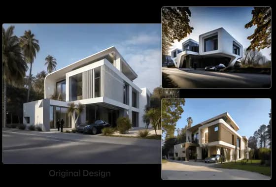 AI architecture redesign tool transforming exterior building design with multiple style variations